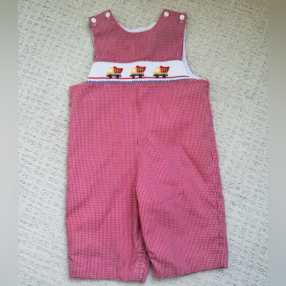 Petit Bebe Red Gingham Smocked Train Longalls